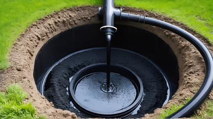 Septic cesspool emptying pumping into pipe tank by suction hose under high pressure. The sump contains pollution sludge sewage water black wastewater and faeces plus excrements from home