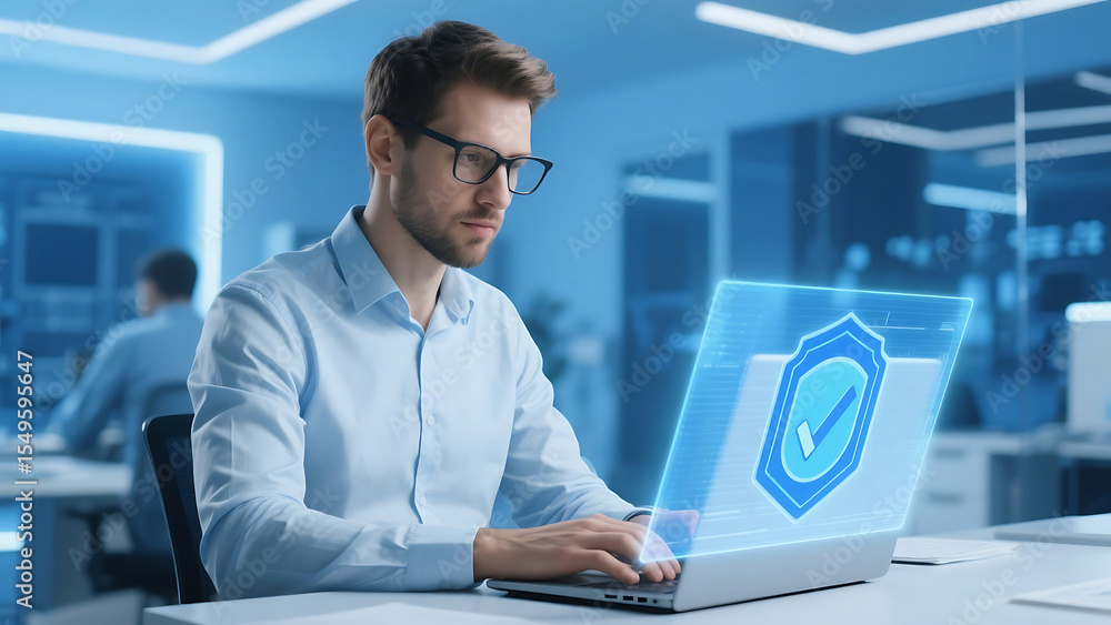 Poster man works on laptop with digital security shield interface