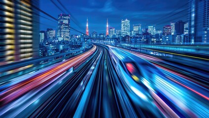 Fototapeta premium Night cityscape, fast train. Urban highway at night, blur effect. Modern city, vibrant colors