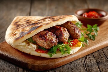 Kebab and kofta in pita or bun classic southern European meal viewed from the front