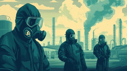 Industrial workers in protective gear stand in an urban environment, with factories and smoke in the background, highlighting pollution and safety measures
