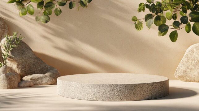 High-quality stock image of beige rock podium for product display sits on light beige surface. Natural light casts soft shadows on fuzzy beige background. Natural green leaves add touch.