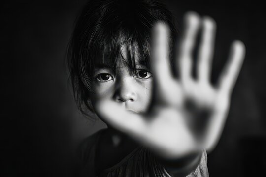 End child exploitation a symbol against discrimination and violence A frightened child representing Human Rights Day Black and white