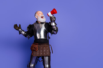 Knightly figure in medieval armor holding a megaphone against a vibrant purple background