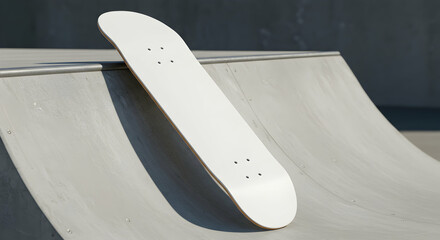 Blank White Skateboard Deck on Skate Ramp Ready for Design and Customization Extreme Sport