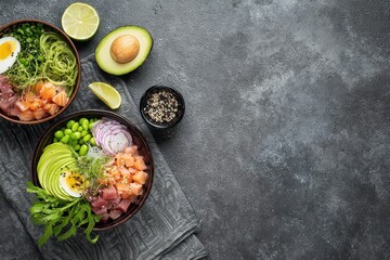 Attractive arrangement of poke bowls on a gray backdrop with a napkin