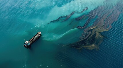 Environmental Catastrophe Unfolds: Oil Spill Pollution in the Ocean. The dark stain of oil spills spreads across the ocean's surface, devastating marine ecosystems, harming countless sea creatures, an