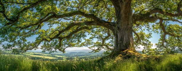 The Majestic Oak Tree Overlooking a Serene Green Landscape