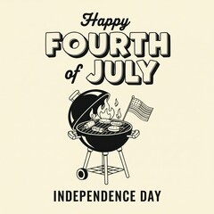 A vintage greeting card for an Independence Day barbecue, with a cartoon grill, an American flag, and retro typography
