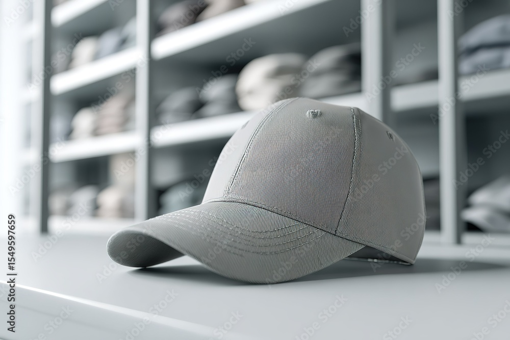 Poster gray cap displayed on a table in a clothing store showcasing various caps in the background during d