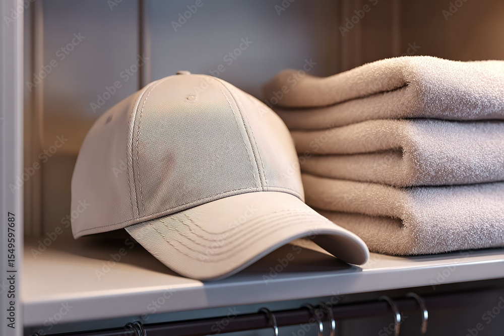 Poster beige hat and neatly folded towels displayed on a shelf in a modern storage area