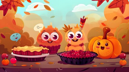 Whimsical Thanksgiving Feast with Cartoon Characters and Autumnal Delights