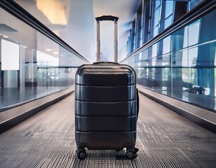 Modern travel suitcase with wheels, The suitcase is black, standing on the floor