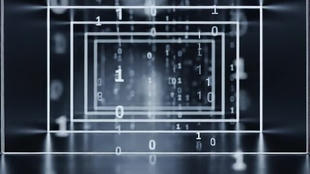 Futuristic data tunnel framed by digital rectangles and cascading binary digits.