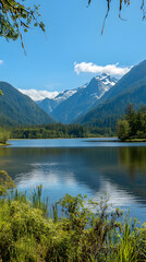 Surreal landscape  - with mountains defying gravity above a tranquil lake's mirror-like surface vertical 
