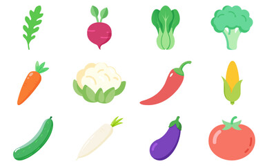 Set of vegetables flat vector illustration, colorful fresh food icons, healthy organic produce collection