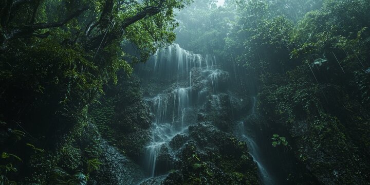 Lush, misty forest with waterfall in background.
