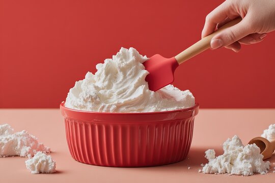 Whipped cream preparation in a red bowl with a spatula against a vibrant background - Powered by Adobe