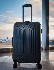 Modern travel suitcase with wheels, The suitcase is black, standing on the floor