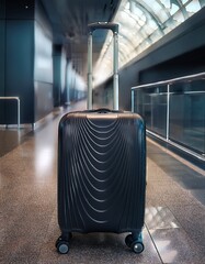 Modern travel suitcase with wheels, The suitcase is black, standing on the floor