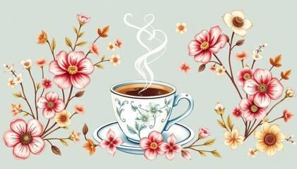 Hand-drawn vintage coffee set, whimsical floral details, charming style,  espresso,  crockery