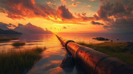 Sunset Over Serene Lake with Metal Pipeline Leading into Calm Waters and Majestic Mountains in the Distance, Beautiful Landscape Scene