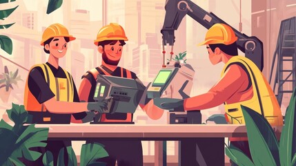 Team of Engineers Collaborating on Innovative Technology in Modern Construction Site Surrounded by Plants and Robotics for Smart Infrastructure Development