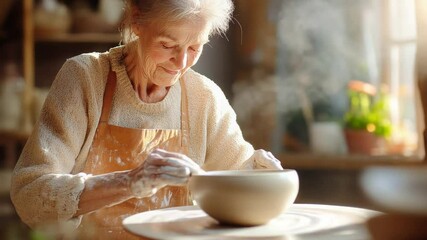 Elderly woman crafting clay pot on pottery wheel in sunlit workshop