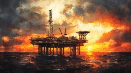 Sunset over Offshore Oil Rig with Dramatic Clouds and Reflections on Water, Capturing Industrial Progress and Natural Beauty in Twilit Sky