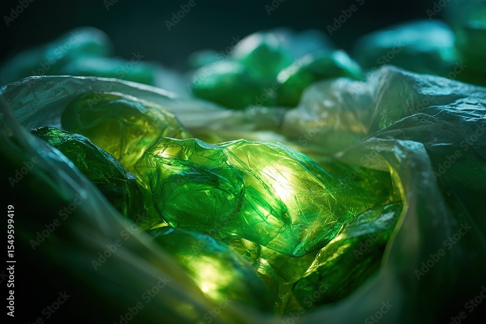 Poster captivating green translucent shapes illuminated softly in a darkened setting