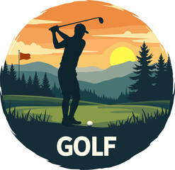 Vector illustration of a golfer finishing swing on a golf course at sunset with mountain landscape and flag in background