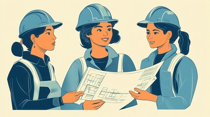 Three Female Construction Workers Engaged in Discussion Over Building Plans While Wearing Hard Hats and Safety Gear in a Creative Illustration Style