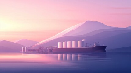 Tranquil Seascape Featuring a Cargo Ship and Silos with Majestic Mountains Under Soft Sunrise Colors, Capturing the Serene Beauty of Nature and Industry