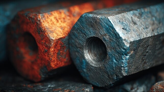 Close-up of two rusty, hex-shaped nuts
