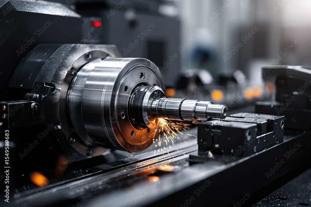 Poster precision machining process in a modern factory generating sparks during metal turning operation