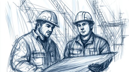 Two Construction Workers Analyzing Blueprints on a Construction Site, Showcasing Collaboration and Project Planning in an Industrial Environment