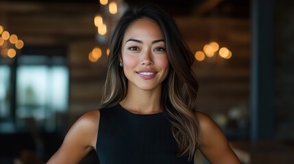 A confident woman stands in a stylish modern venue, smiling warmly, radiating positivity and professionalism against a soft-focus background of lights and architecture.