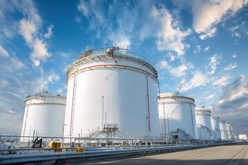 Obraz premium Big white oil storage tanks at a marine terminal beneath a clear blue sky