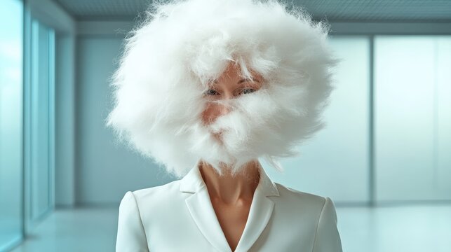 A surreal artistic portrayal featuring a woman with an ethereal cloud-like hairstyle, inviting interpretation and sparking intrigue in contemporary artistic expression. - Powered by Adobe