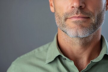 Obraz premium Portrait of a middle-aged man with short beard and mustache looking to the right. He is dressed in casual attire, suggesting a relaxed or professional atmosphere.