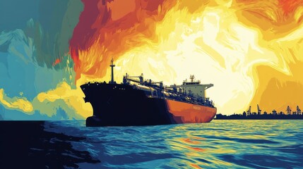 Vibrant Abstract Composition of a Cargo Ship Silhouetted Against a Dramatic Sunset with Colorful Swirls of Fire Orange and Deep Blue in the Background