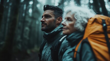 An elderly couple journeys through a misty forest, showcasing their adventurous spirit and companionship, embodying the beauty of nature and the bond of shared experiences.
