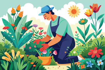 Man gardener and child watering red flowers in a spring garden