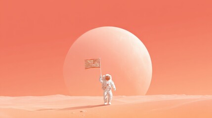 Surreal Moon Landing Anniversary illustration with lone astronaut waving US flag in pastel desert under enormous sun ideal for conceptual artwork and futuristic poster designs