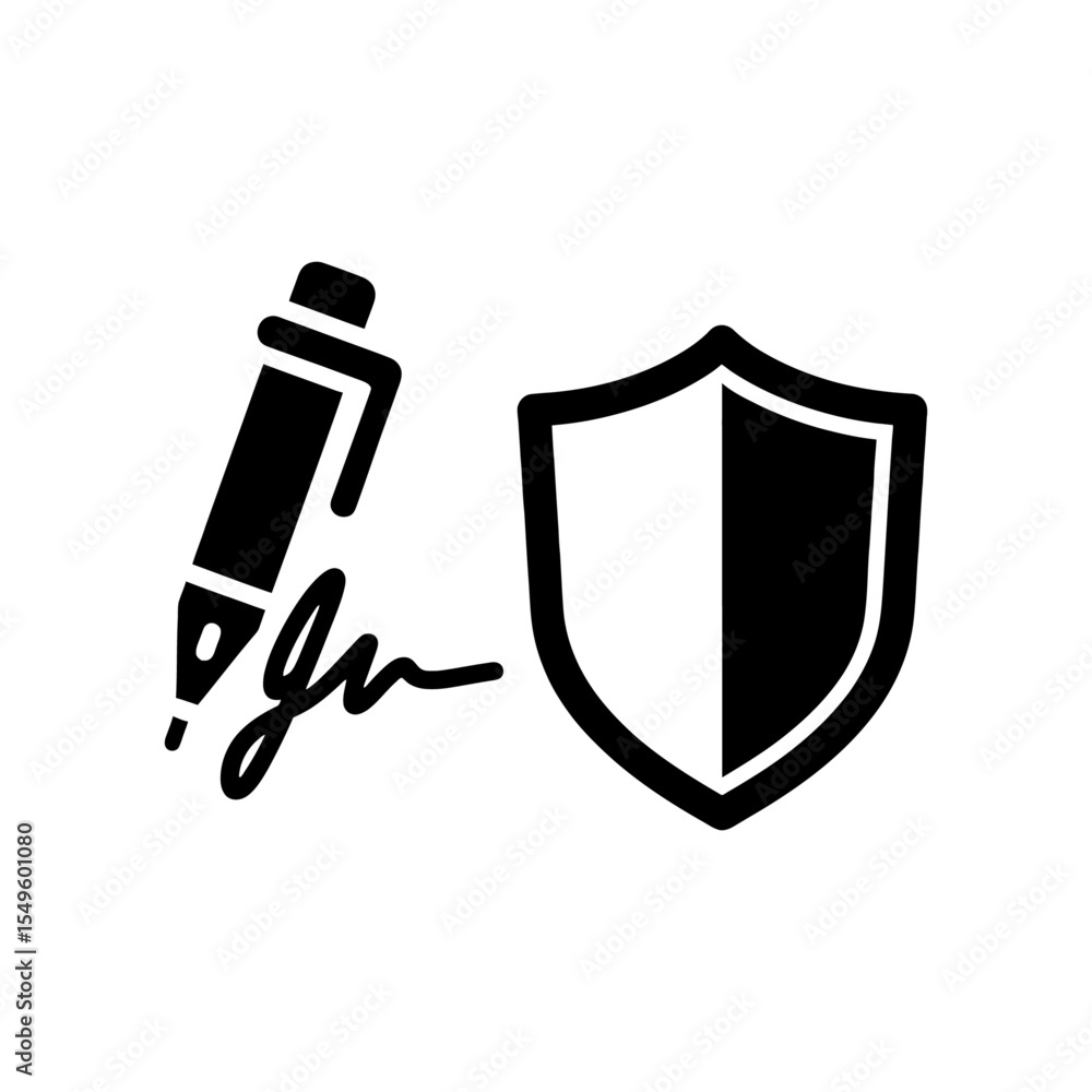 Poster digital signature and shield icon for security and protection a vector symbol for a secure contract 