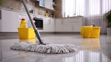 High-quality stock image of mopping floors in a spotless gleaming kitchen equipped with minimalist cleaning supplies for a pristine sparkling shine Domestic chore of housework.