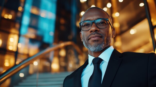 A powerful businessman confidently posing in a stylish urban environment, reflecting a blend of professionalism, determination, and modern ambition in today's corporate world. - Powered by Adobe