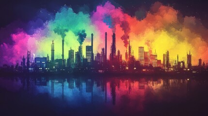 Vibrant City Skyline with Colorful Smoke and Reflections at Dusk, Highlighting Industrial Structures and Urban Landscape in a Rainbow Palette