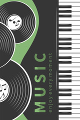 Design banner for cover album, concert or festival, music events, invitation, advertising. Musical poster with vinyl record and Piano. 