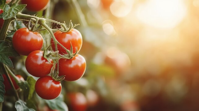 This image captures a cluster of vibrant red tomatoes hanging on a vine, illuminated by warm sunlight, showcasing nature's bounty and the essence of freshness.
